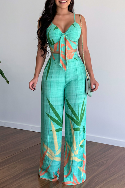 Fashion Print Patchwork Spaghetti Strap Straight Jumpsuits