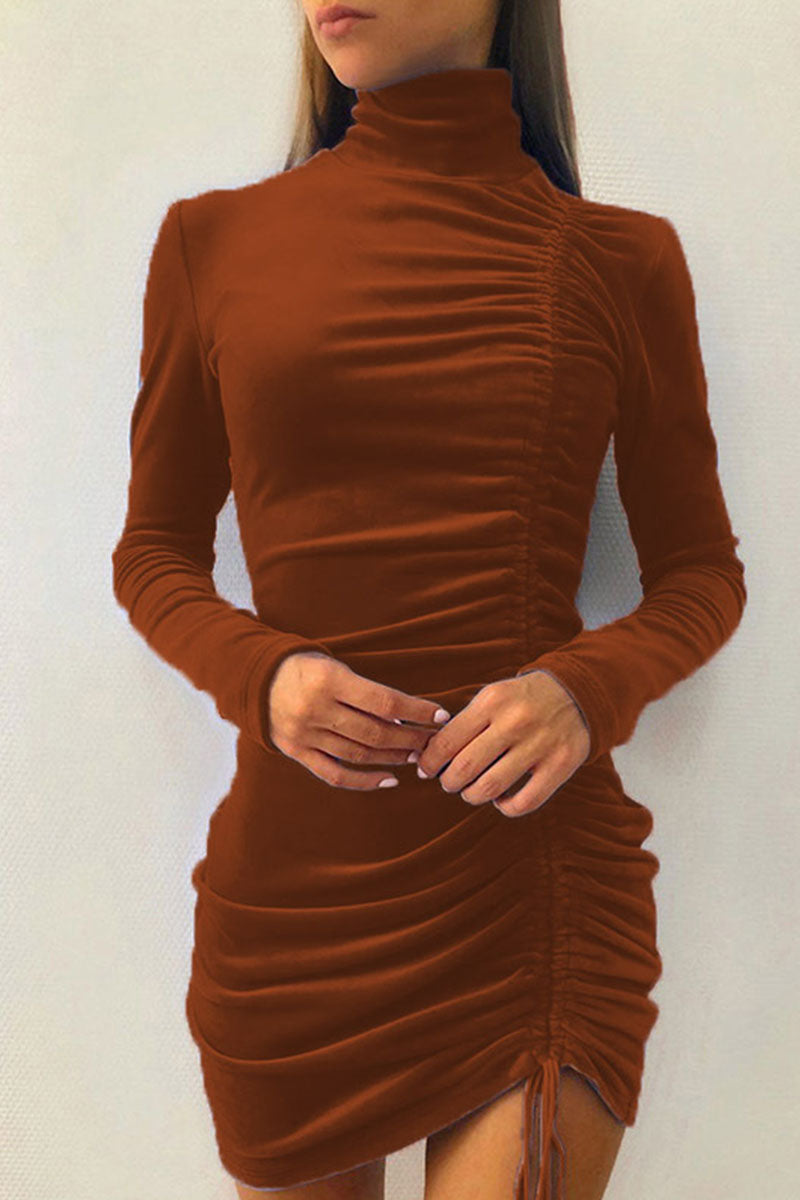 Sexy Elegant Solid Draw String Half A Turtleneck Wrapped Skirt Dresses(8 colors)