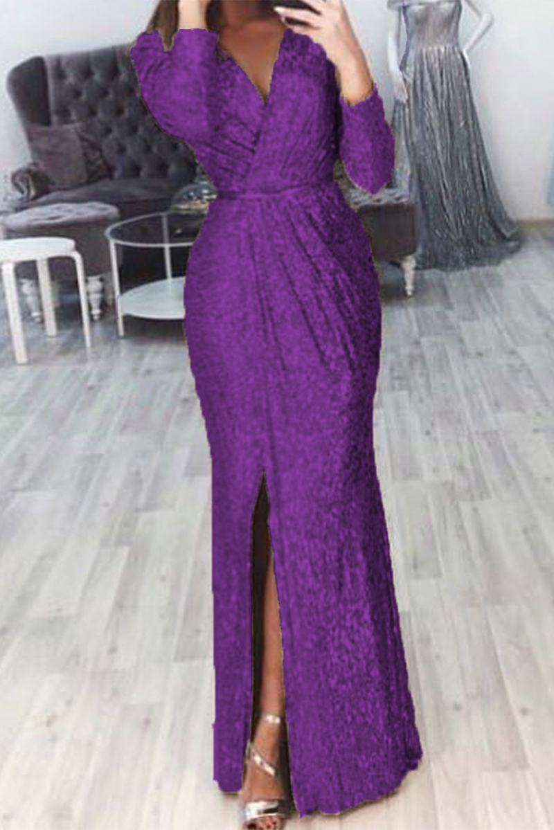 Casual Patchwork Patchwork V Neck Trumpet Mermaid Dresses(7 Colors) Purple