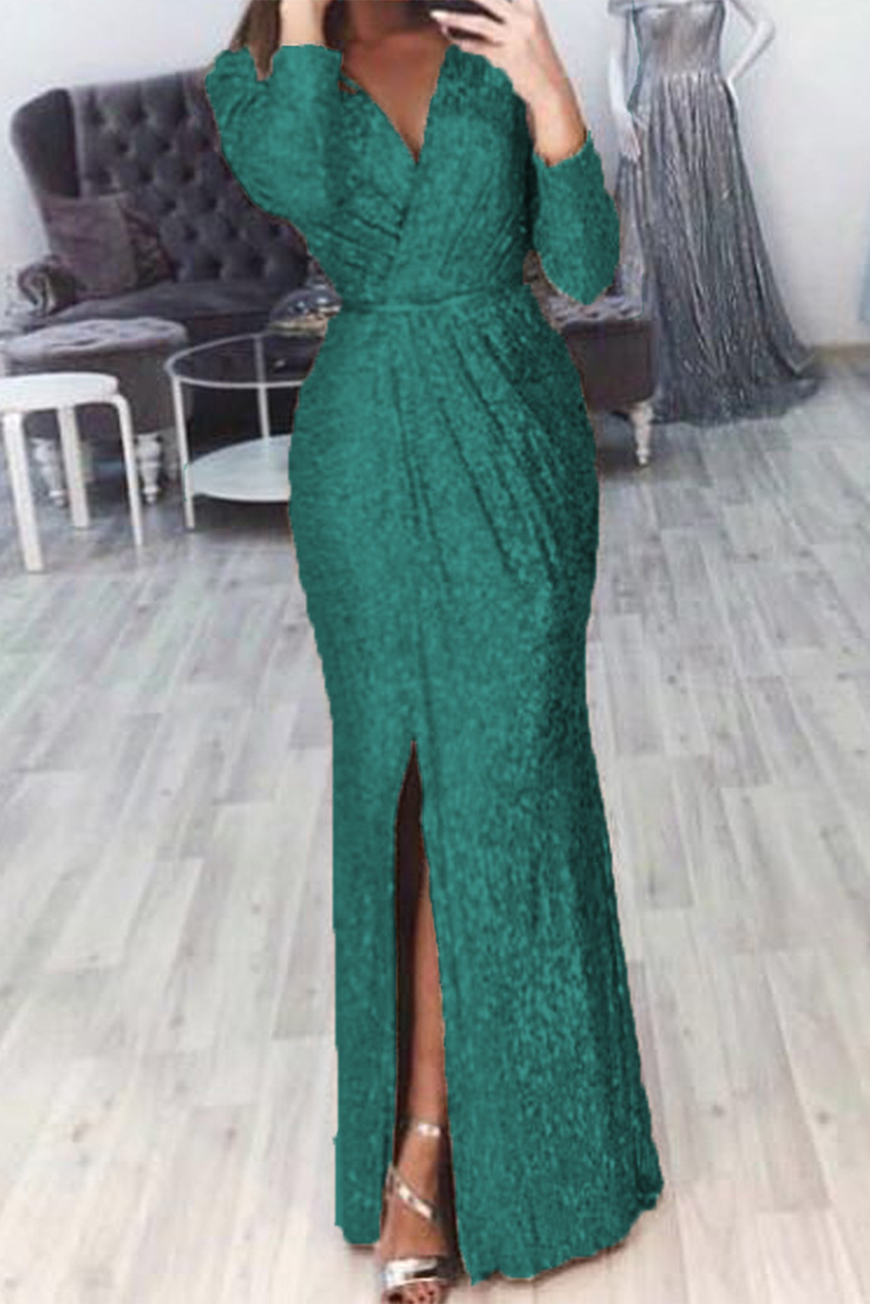 Casual Patchwork Patchwork V Neck Trumpet Mermaid Dresses(7 Colors) Green