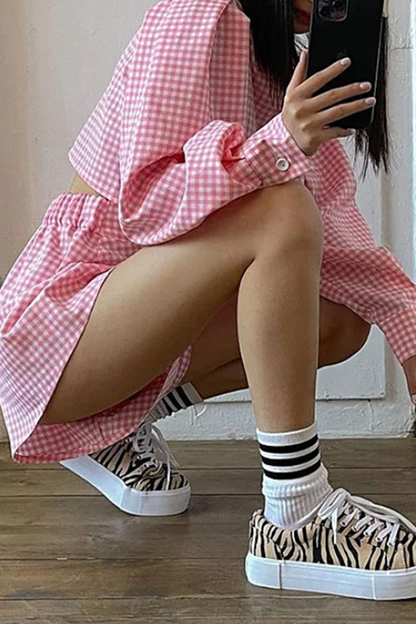 Fashion Plaid Patchwork Turndown Collar Long Sleeve Two Pieces