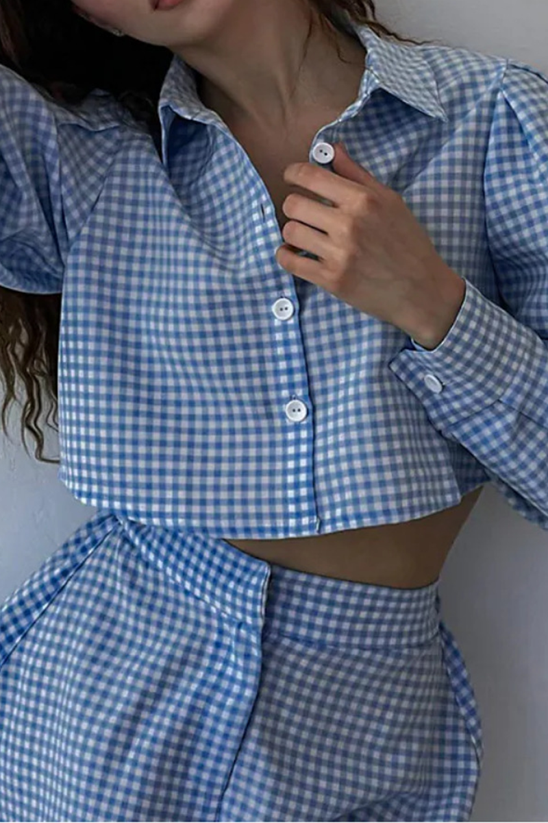 Fashion Plaid Patchwork Turndown Collar Long Sleeve Two Pieces