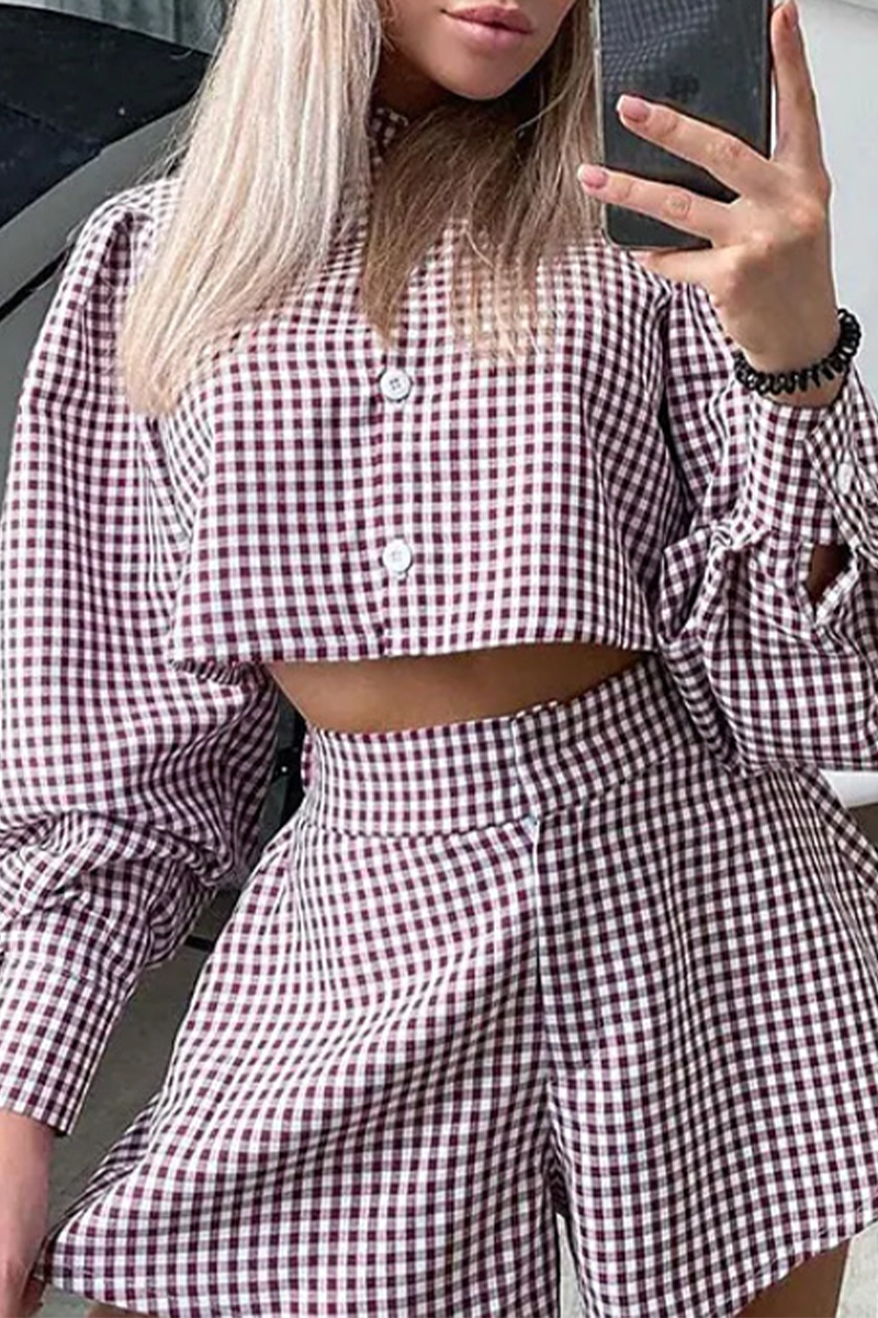 Fashion Plaid Patchwork Turndown Collar Long Sleeve Two Pieces