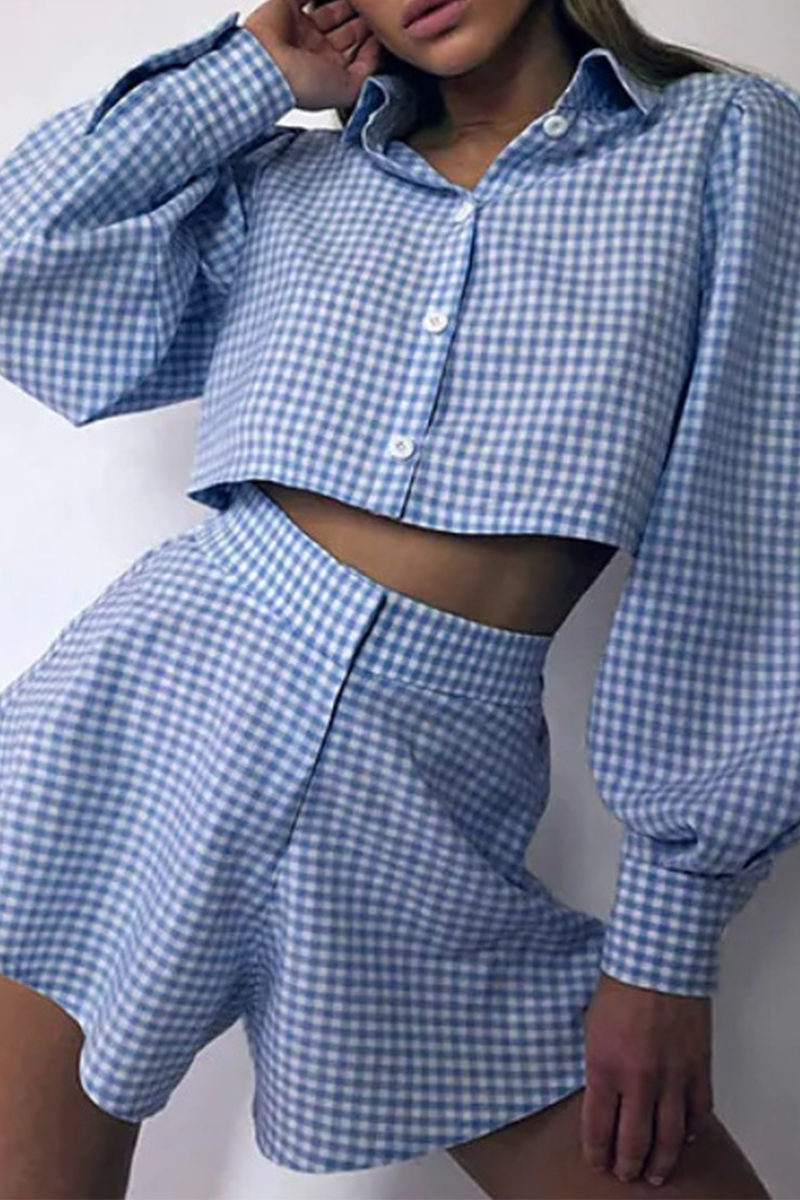 Fashion Plaid Patchwork Turndown Collar Long Sleeve Two Pieces