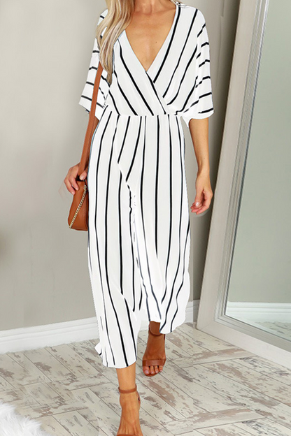 Casual Striped Patchwork V Neck Straight Jumpsuits