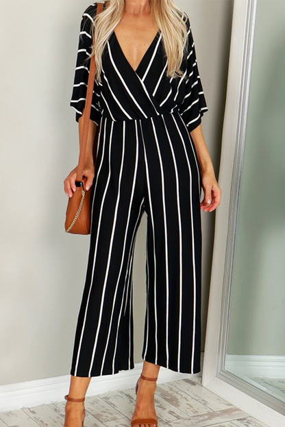 Casual Striped Patchwork V Neck Straight Jumpsuits