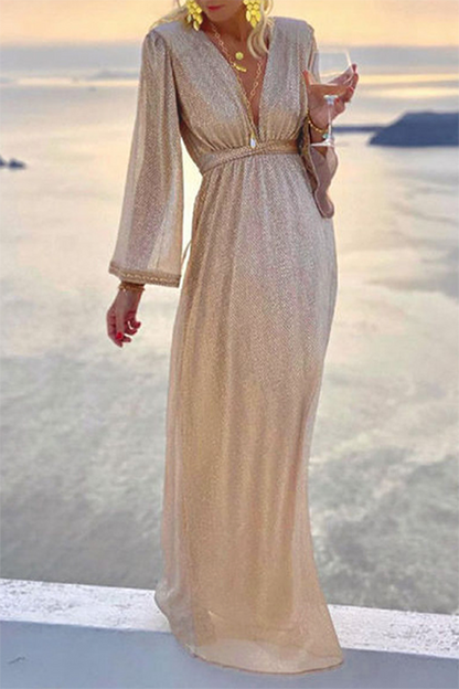 Fashion Elegant Solid Patchwork Fold V Neck Evening Dress Dresses