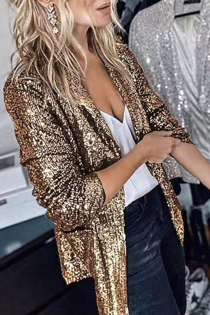 Sexy Solid Sequins Patchwork Turn-back Collar Outerwear