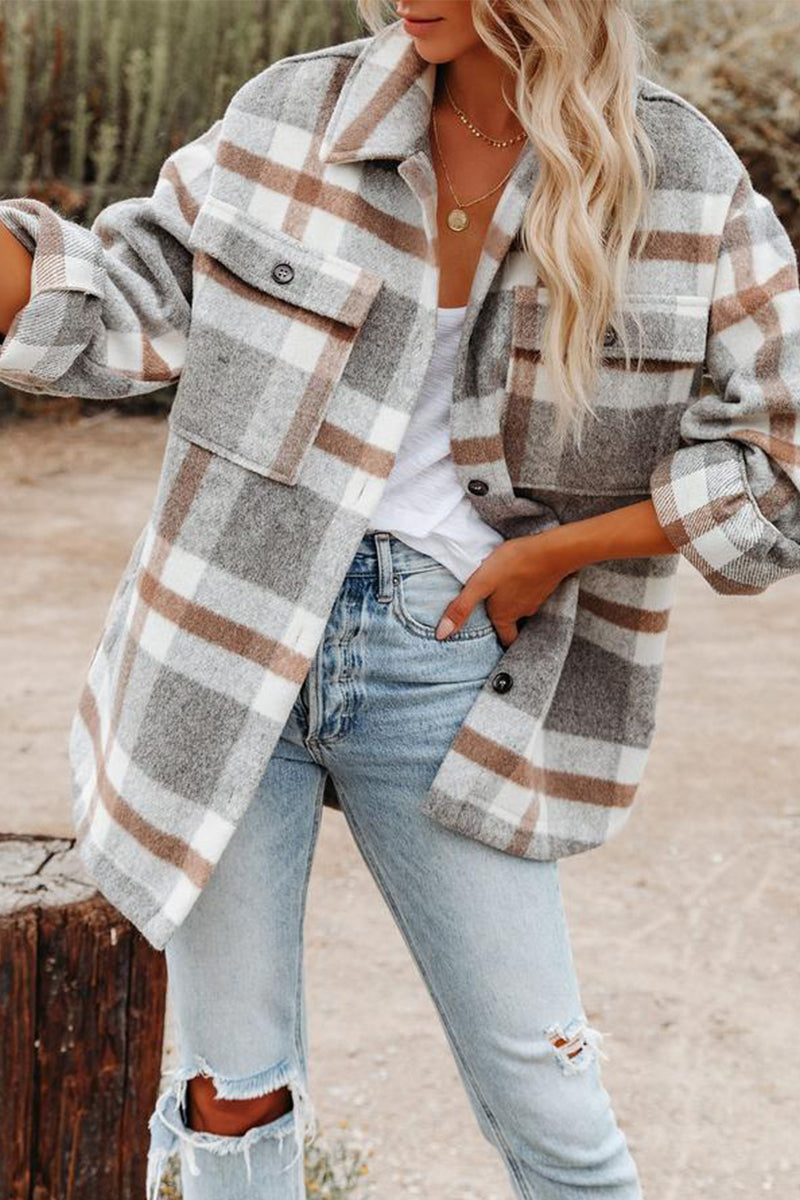 Fashion Casual Plaid Patchwork Turndown Collar Outerwear