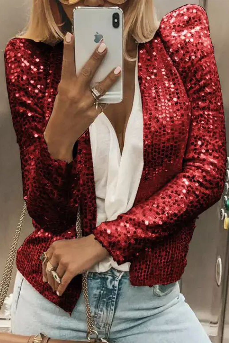 Fashion Solid Sequins Patchwork O Neck Outerwear(7 Colors)