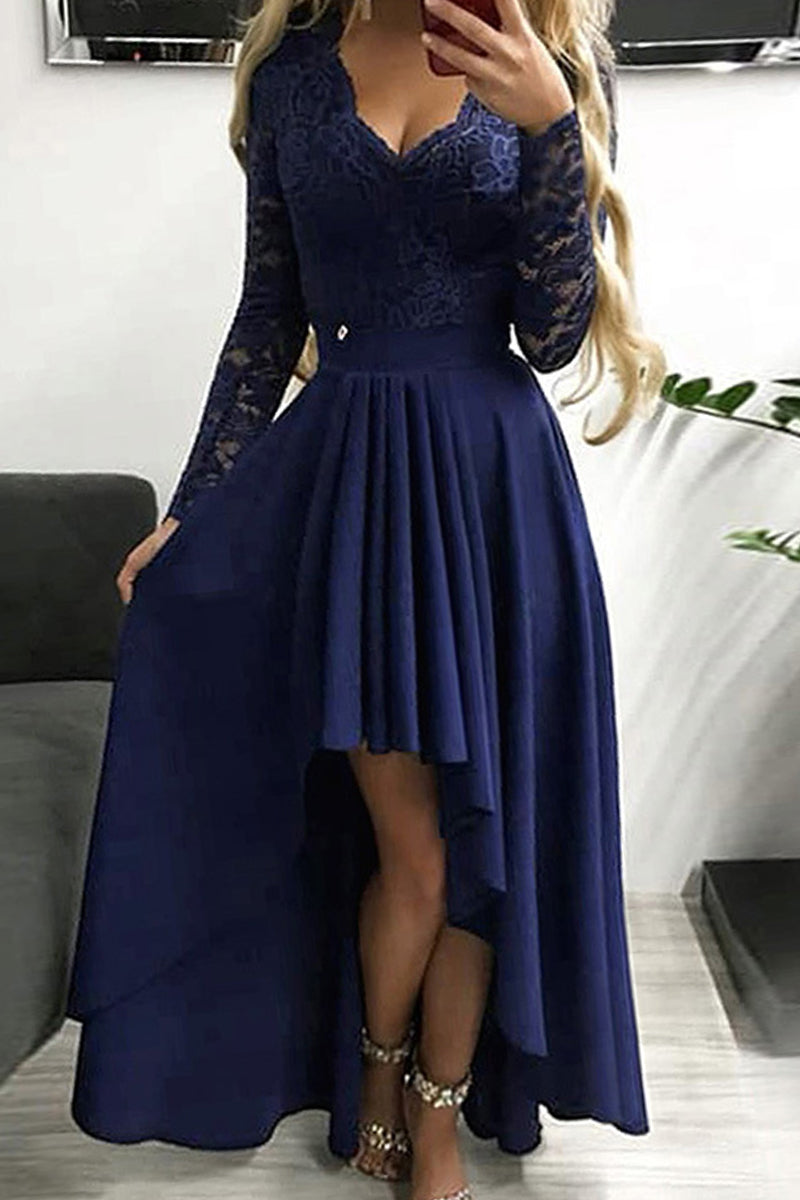 Celebrities Elegant Patchwork Lace Solid Color V Neck A Line Dresses Blue