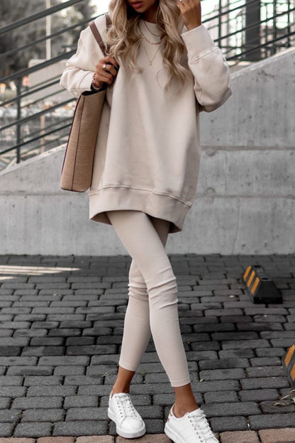 Casual Solid O Neck Long Sleeve Two Pieces(3 Colors) Apricot