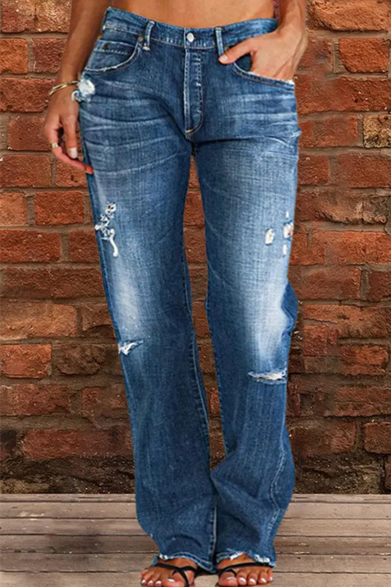 Casual Street Patchwork Ripped Straight Denim Jeans(4 Colors)