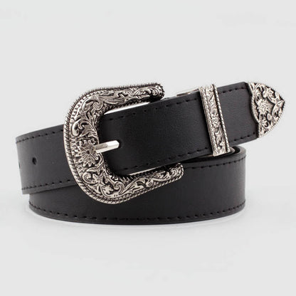 Wisherryy Western Vintage Carved Buckle Basic Belt