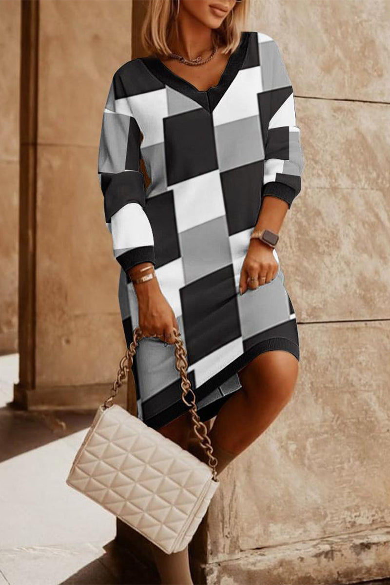 Work Plaid Solid V Neck One Step Skirt Dresses