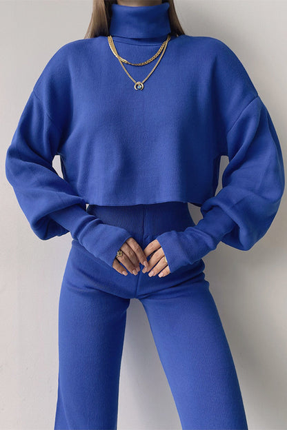 Casual Solid Turtleneck Long Sleeve Two Pieces(5 Colors) Blue