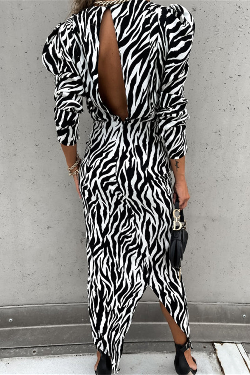 Work Elegant Print Printing V Neck Irregular Dress Dresses