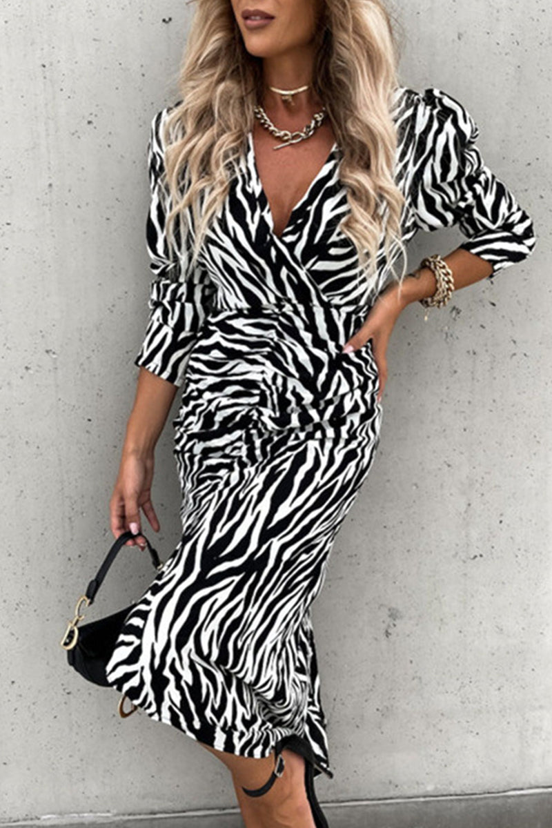 Work Elegant Print Printing V Neck Irregular Dress Dresses