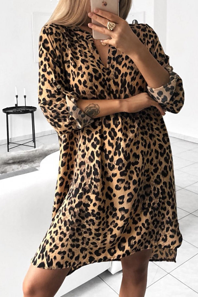 Elegant Animal Print Print Without Belt Printing V Neck Irregular Dress Dresses