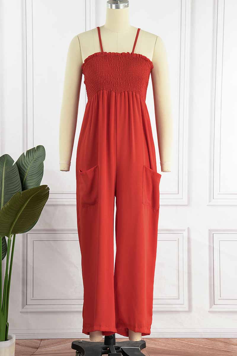 Fashion Living Solid Pocket Spaghetti Strap Loose Jumpsuits