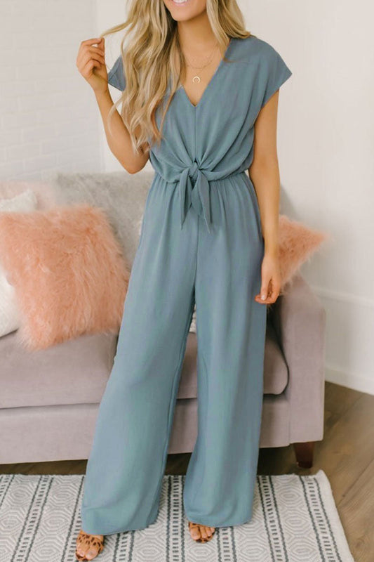 Fashion Street Solid Backless V Neck Loose Jumpsuits