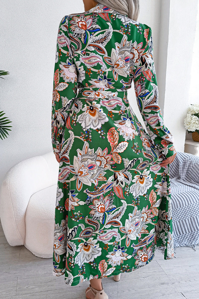 Floral Frenulum Buckle Turndown Collar One Step Skirt Dresses