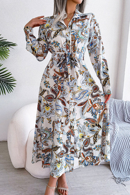 Floral Frenulum Buckle Turndown Collar One Step Skirt Dresses