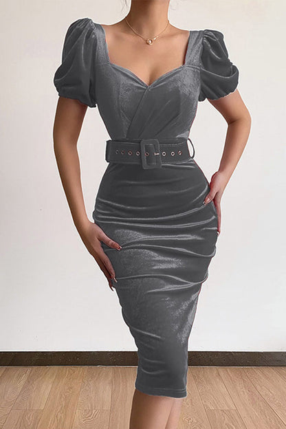 Elegant Solid With Belt Asymmetrical V Neck One Step Skirt Dresses