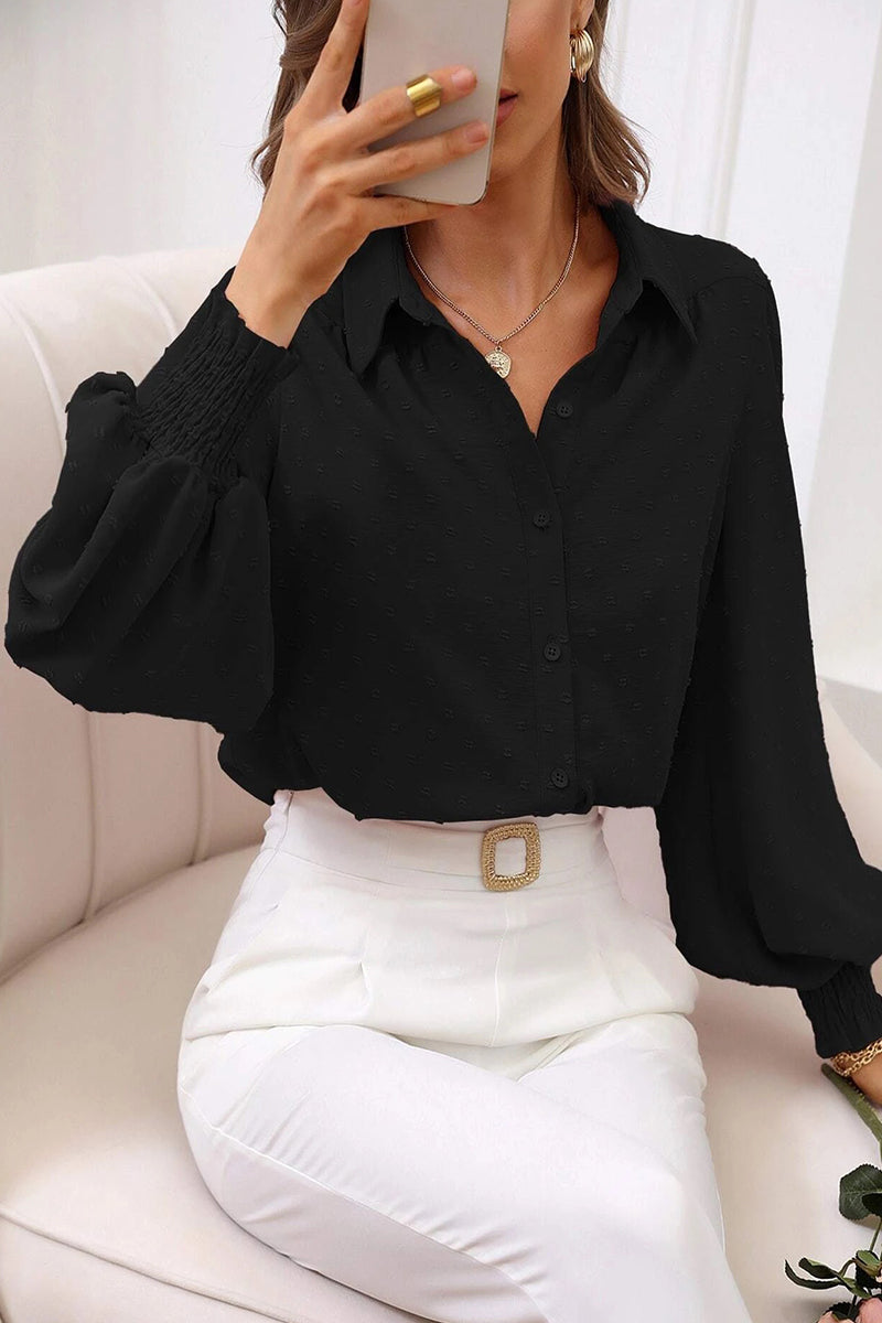 Work Simplicity Solid Buttons Solid Color Turndown Collar Tops