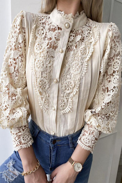 Elegant Solid Lace Mandarin Collar Tops