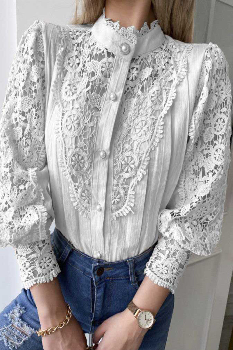 Elegant Solid Lace Mandarin Collar Tops