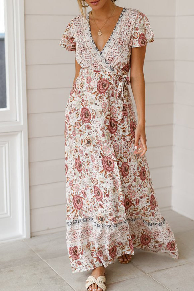 Sexy Elegant Print V Neck A Line Dresses