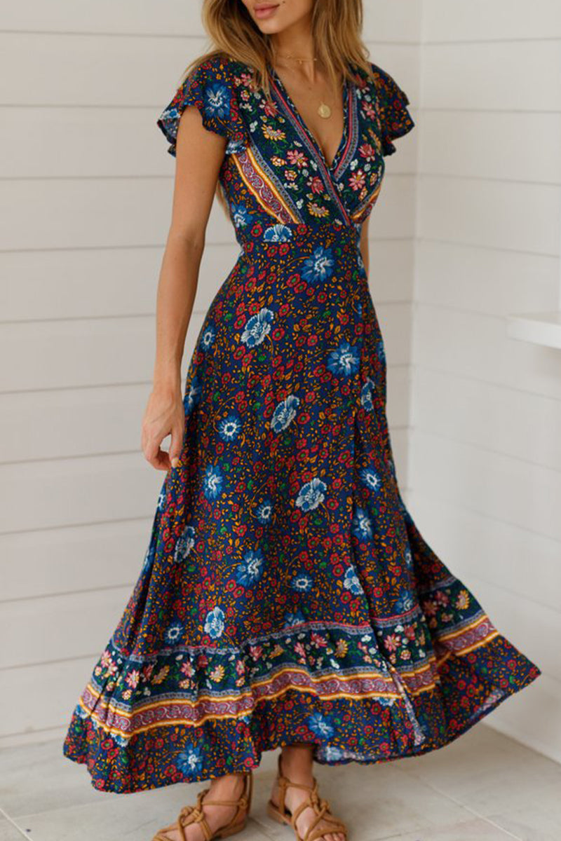 Sexy Elegant Print V Neck A Line Dresses