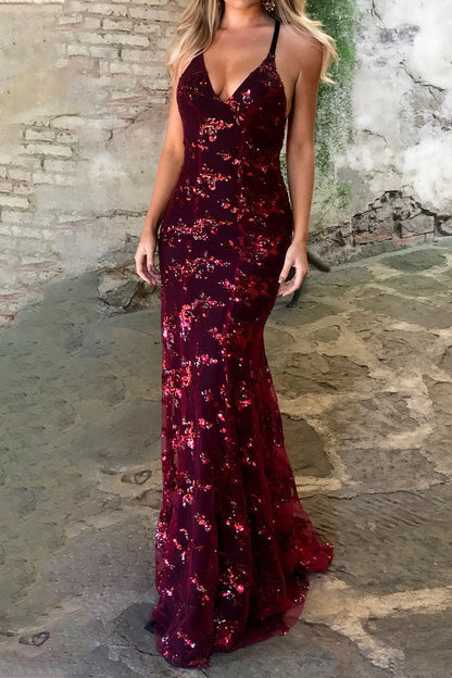 Celebrities Elegant Solid Sequins Frenulum V Neck Evening Dress Dresses