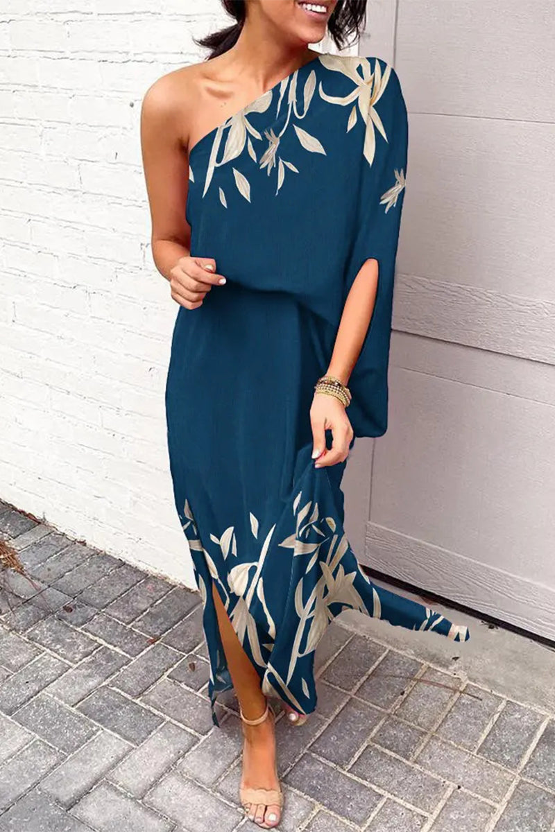 Plus Size Casual Vacation Print Patchwork Oblique Collar Irregular Dress Dresses Blue