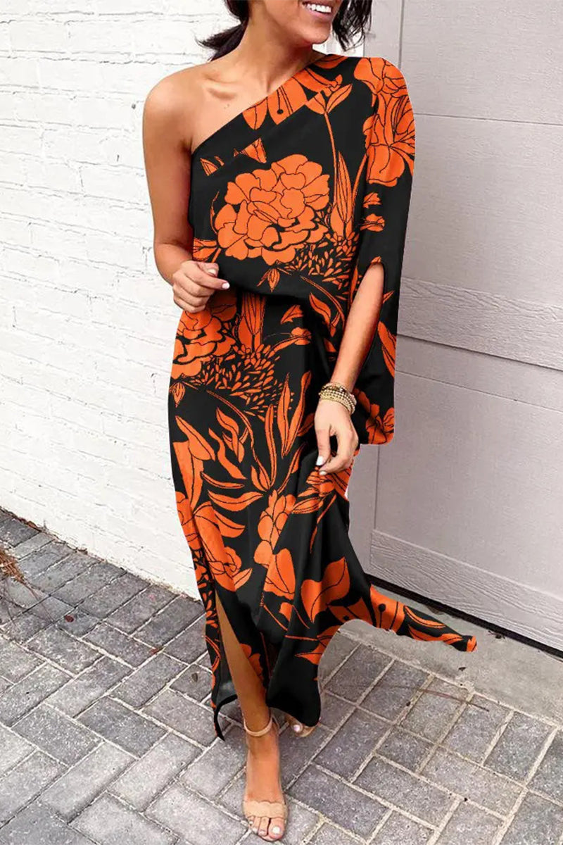 Plus Size Casual Vacation Print Patchwork Oblique Collar Irregular Dress Dresses Red Orange