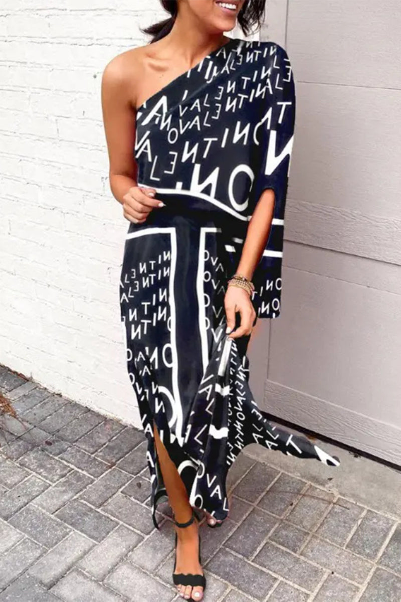 Plus Size Casual Vacation Print Patchwork Oblique Collar Irregular Dress Dresses Tibetan Blue