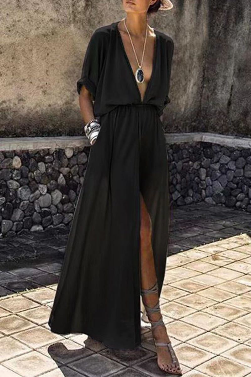 Sexy Elegant Solid Slit V Neck A Line Dresses(3 Colors)