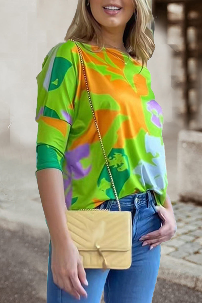 Work Elegant Print Patchwork Oblique Collar T-Shirts Green Yellow