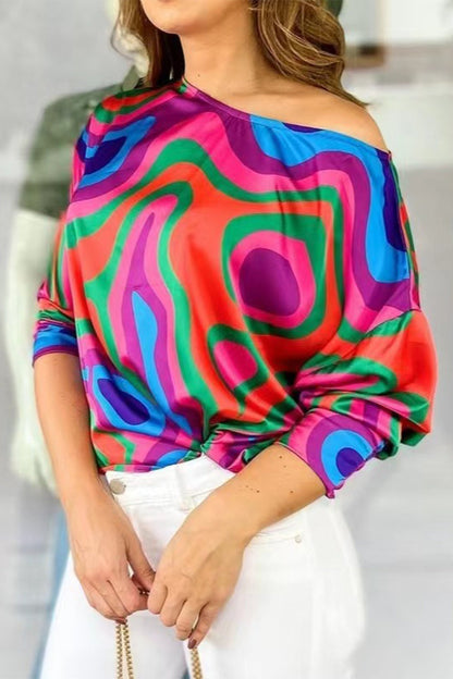 Work Elegant Print Patchwork Oblique Collar T-Shirts Colour