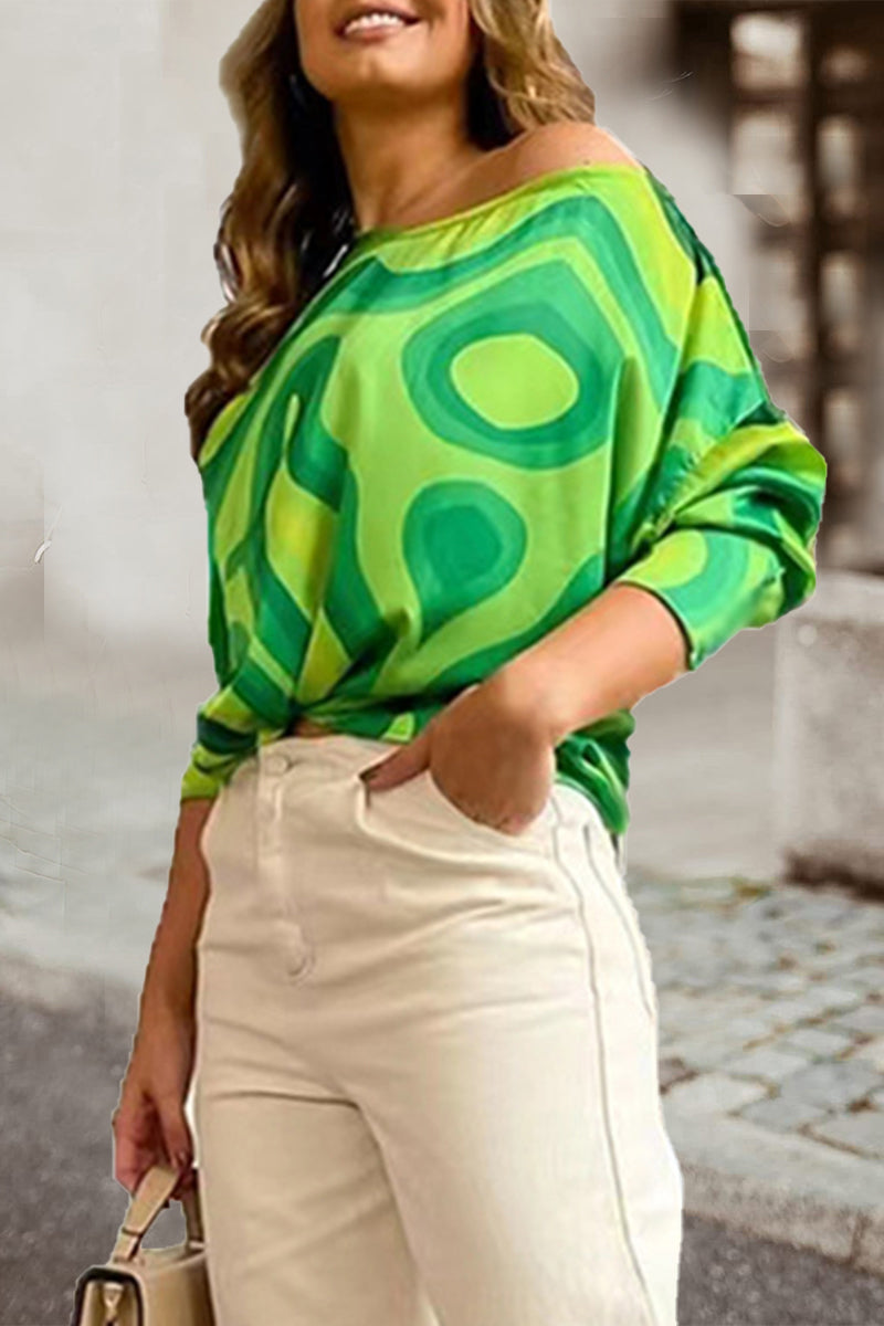 Work Elegant Print Patchwork Oblique Collar T-Shirts Green