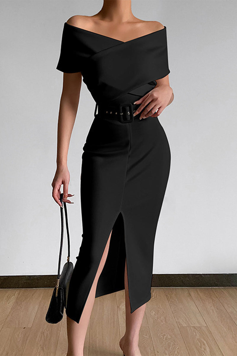 Sexy Elegant Solid With Belt V Neck One Step Skirt Dresses