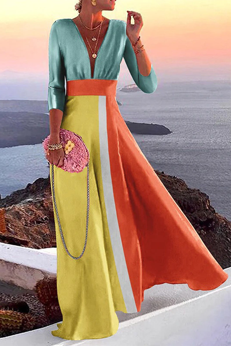 Elegant Vacation Print Patchwork V Neck One Step Skirt Dresses(3 Colors) Orange Yellow