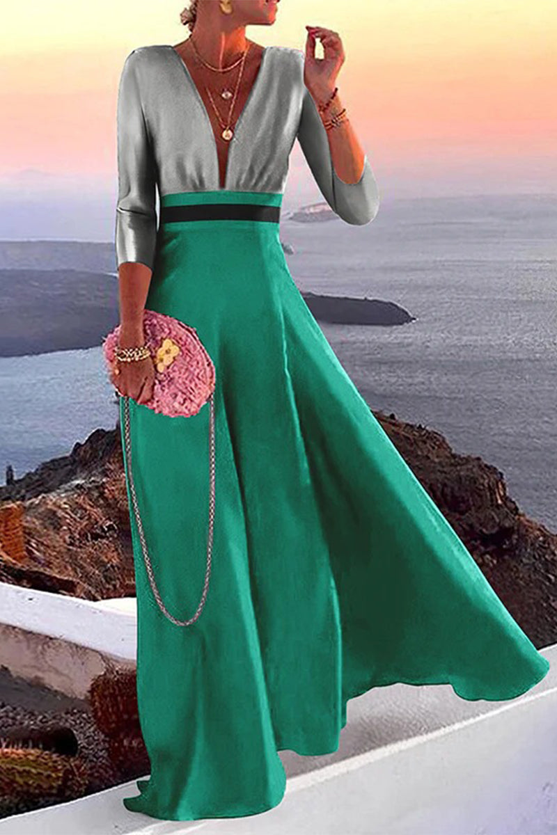 Elegant Vacation Print Patchwork V Neck One Step Skirt Dresses(3 Colors) Green