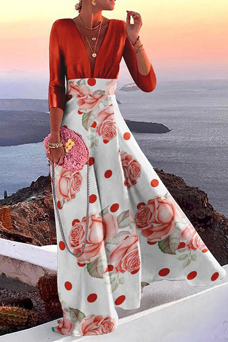 Elegant Vacation Print Patchwork V Neck One Step Skirt Dresses(3 Colors) Red