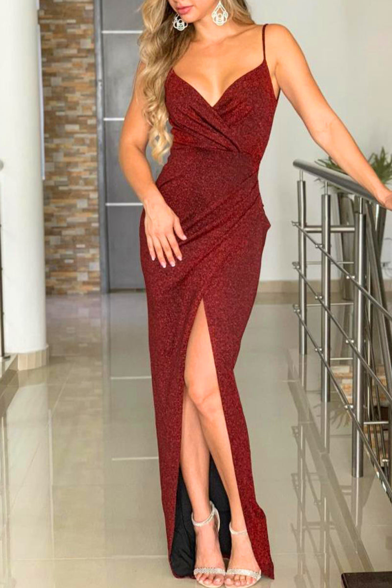 Sexy Party Solid Slit Fold Sequined V Neck Sling Dress Dresses