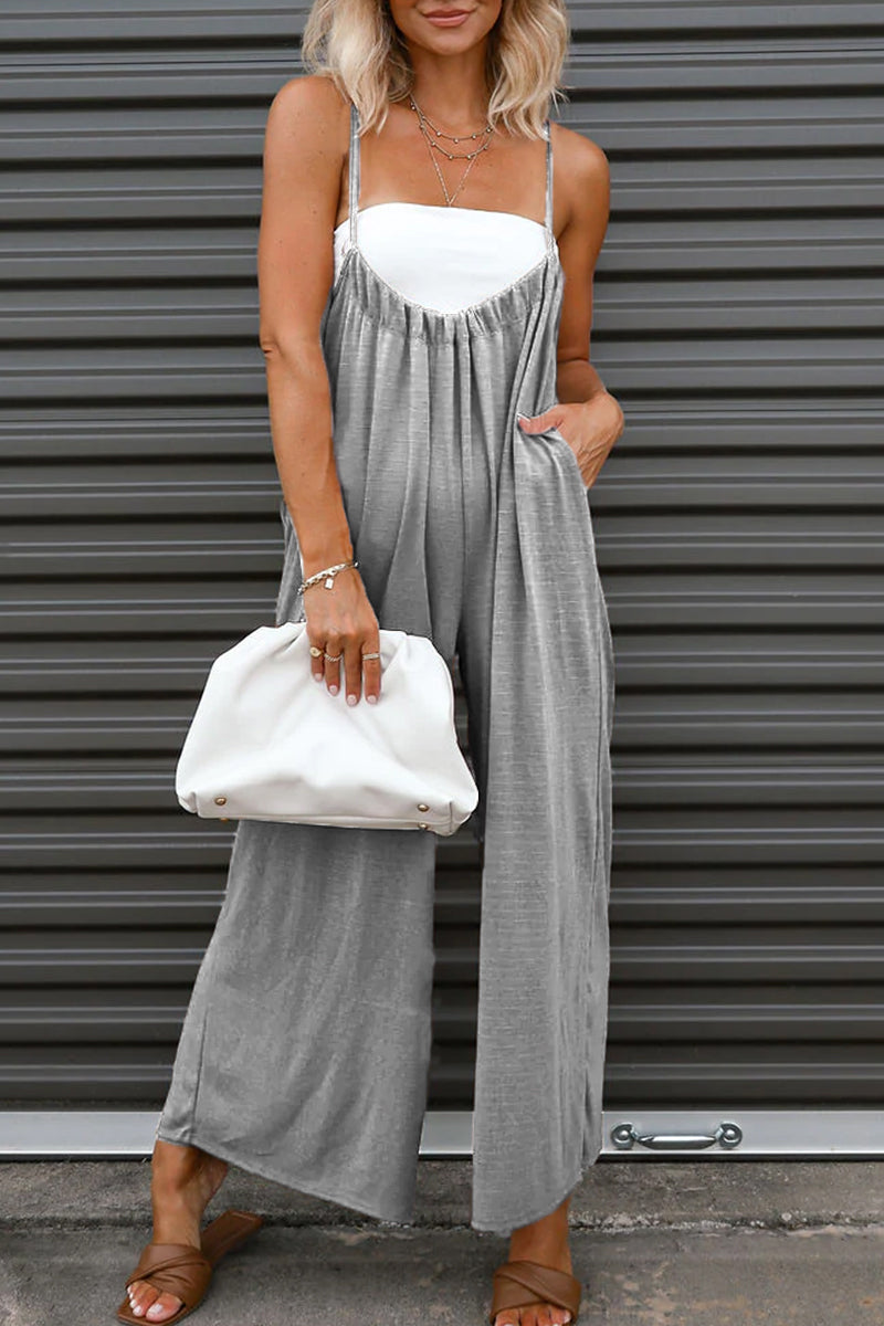 Casual Solid Solid Color U Neck Loose Jumpsuits Grey