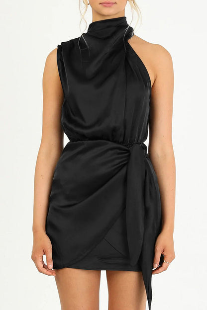 Celebrities Elegant Solid Fold Halter A Line Dresses Black