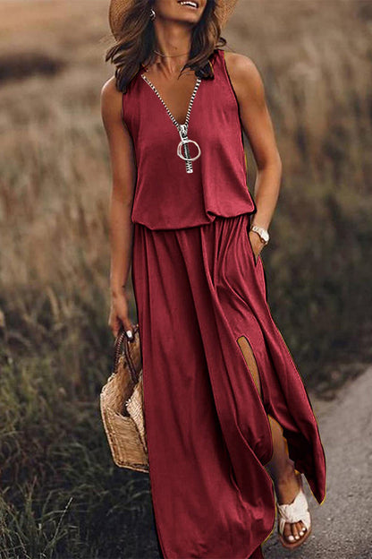 Casual Solid Slit Zipper V Neck Vest Dress Dresses