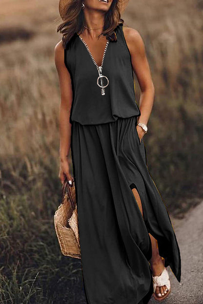 Casual Solid Slit Zipper V Neck Vest Dress Dresses